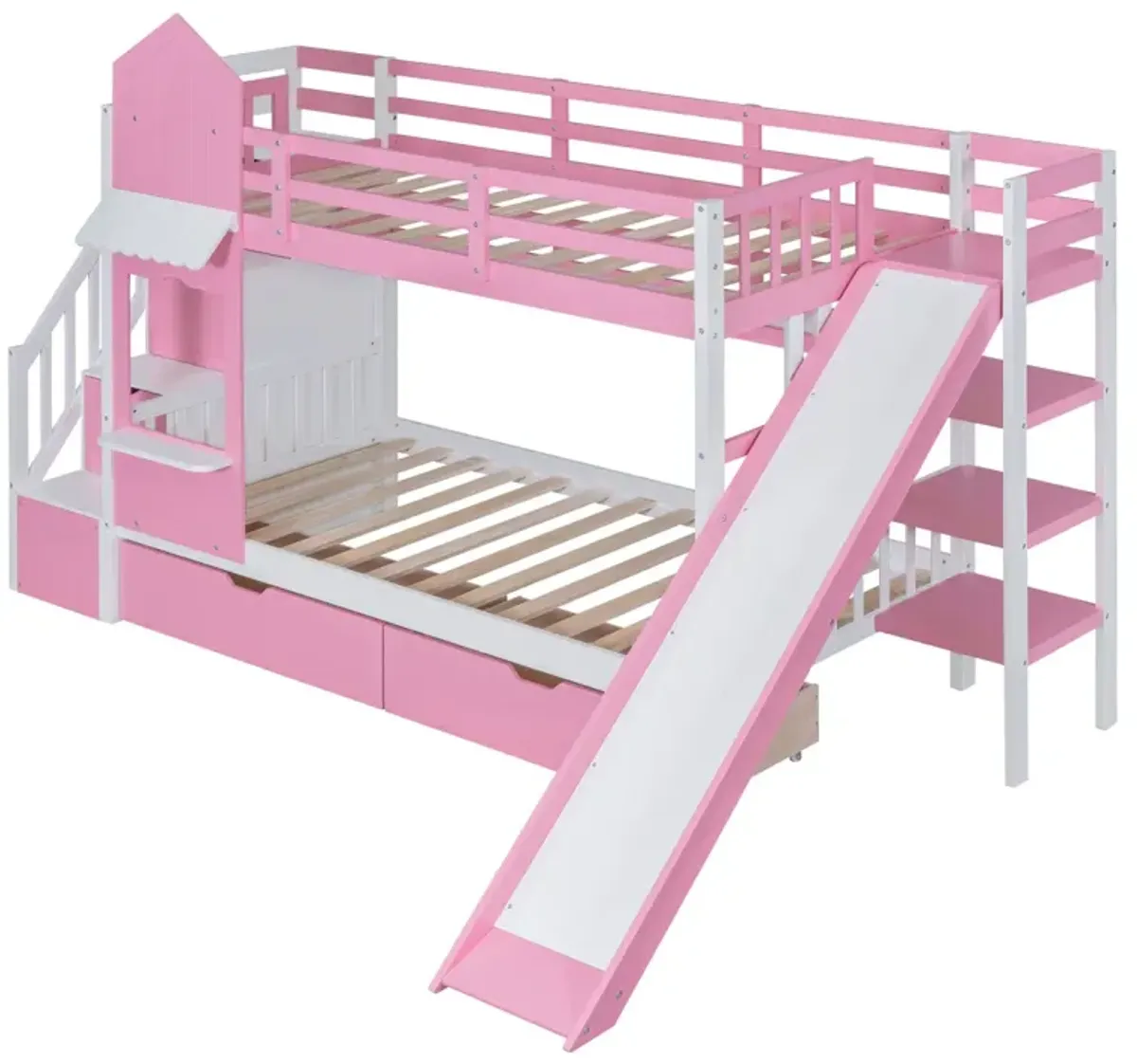 Twin Over Twin Castle Style Bunk Bed With 2 Drawers 3 Shelves And Slide Pink