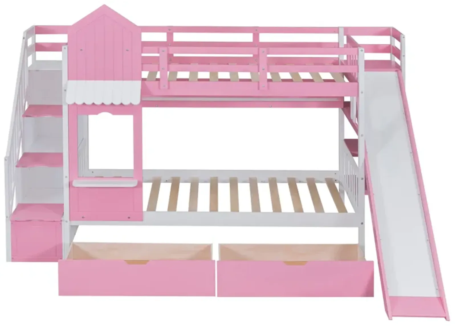 Twin Over Twin Castle Style Bunk Bed With 2 Drawers 3 Shelves And Slide Pink