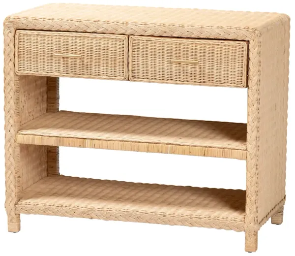 bali & pari Lanica Braided Natural Rattan Console Table with Drawers and Shelves – Coastal Style Storage Cabinet for Entryway, Living Room, or Bedroom, 35"