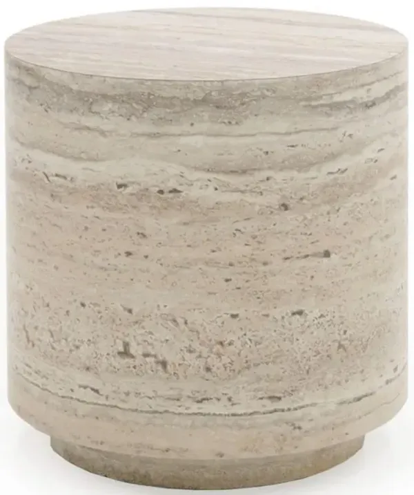 Benjara Lia 18 Inch End Table, Round Travertine Stone Finish Laminated Top, Natural Gray