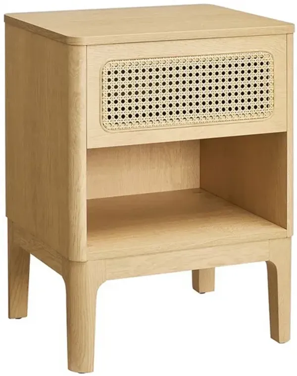 24 Inch Side End Table with Rattan Woven Drawer and Open Shelf, Brown Wood - Benzara