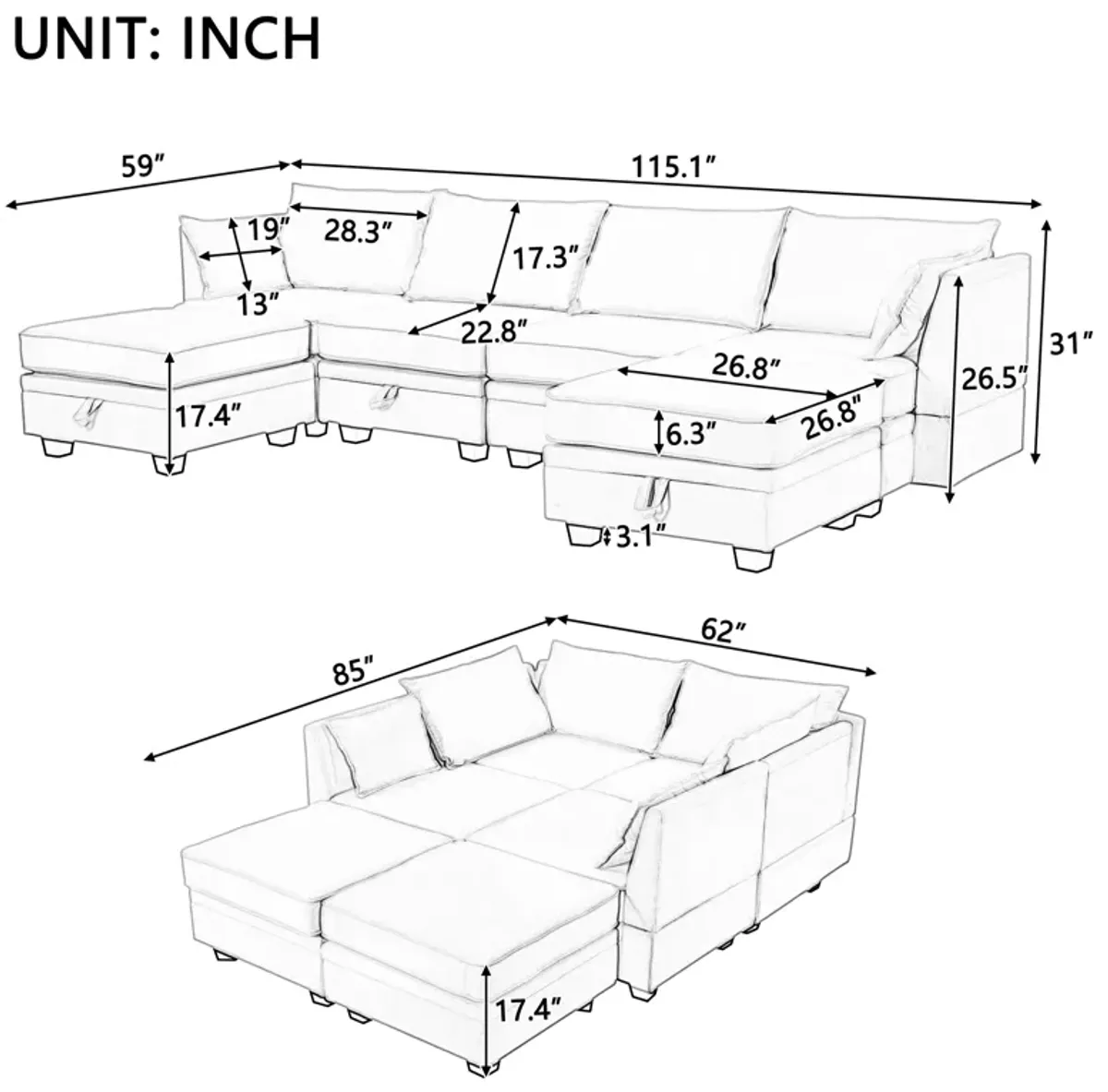 Modern Large U-Shape Modular Sectional Sofa