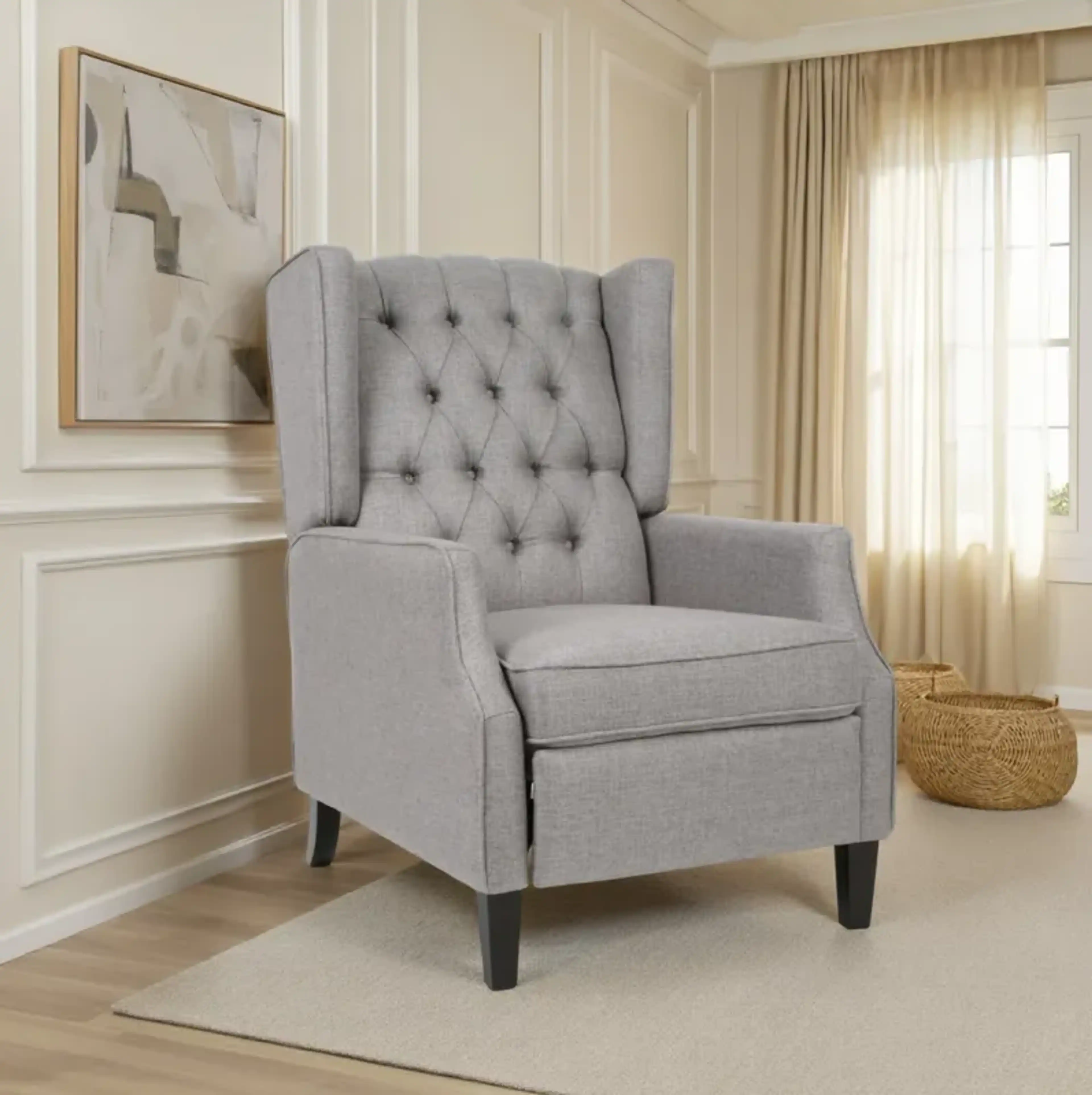 Octa Manual Recliner Chair Button Tufted Wingback Design Dark Gray ...