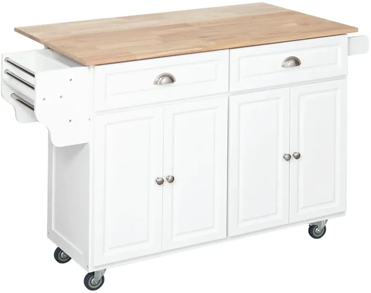 White Kitchen Helper: Rolling Island Cart with Drop-Leaf Top