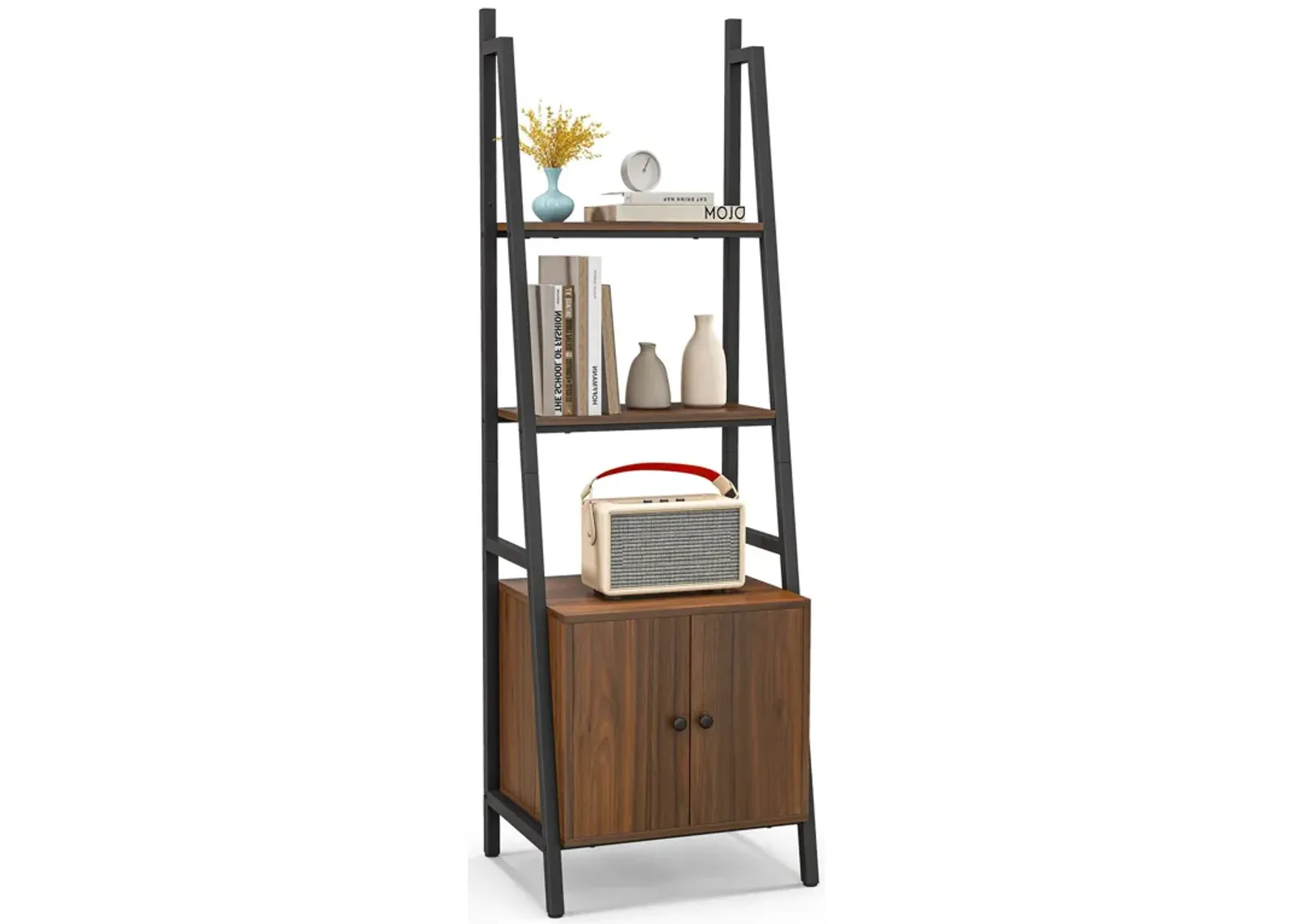 4-Tier Ladder Shelf with Cabinet and Metal Frame-Rustic Brown