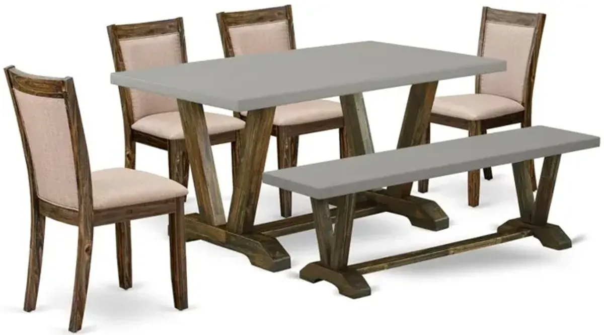 East West Furniture 6 Piece Dining Set- A Cement Top Mid Century Dining Table in Trestle Base with Dining Bench and 4 Dark Khaki Linen Fabric Kitchen Chairs - Distressed Jacobean Finish