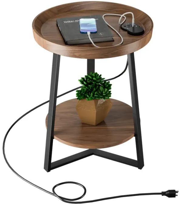 Gadroad Round End Table with Charging Station, USB Ports, Wood Tabletop & Black Metal Frame, 2-Tier Side Table for Living Room,