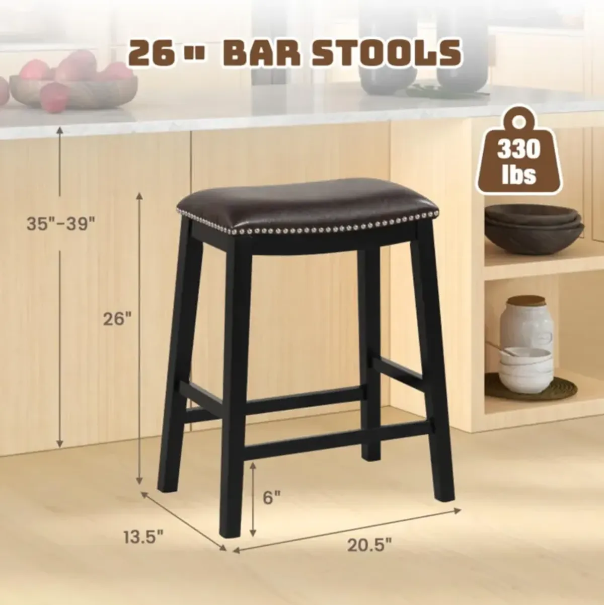 Hivvago 26 Inch Counter Height Bar Stool Set of 2 with Upholstered Seat