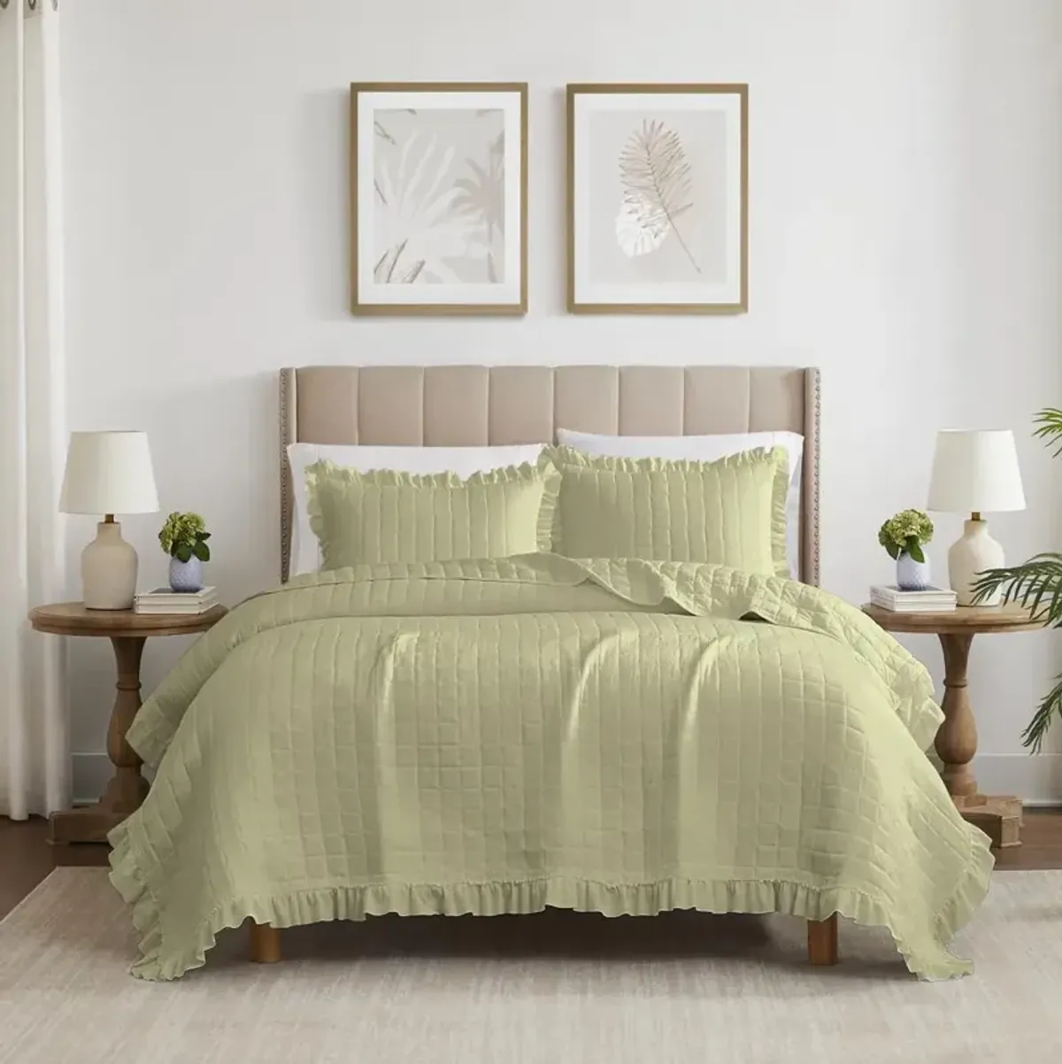 RT Designers Collection Belina 3 Pieces Washed Stitched Lightweight Quilts Set King Size For Bedding Sage