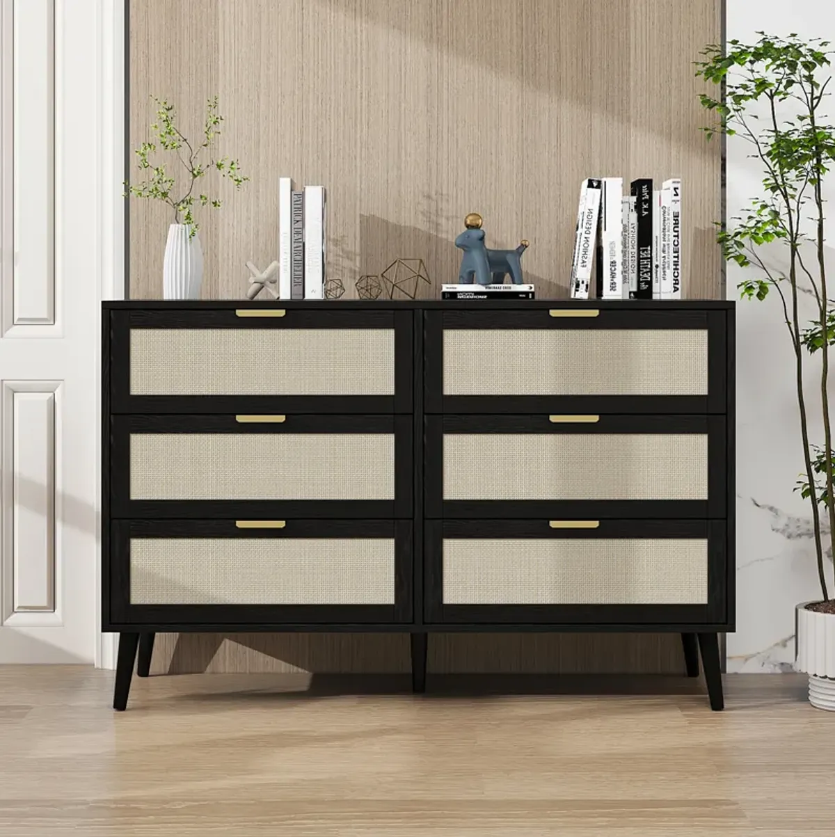 Modern 6 Drawer Chest, Wide Storage Cabinet Bedroom Furniture Dresser Large Storage Tower Unit Accent Cabinet with Doors Kitchen Storage Cabinet with Solid Wood Feet