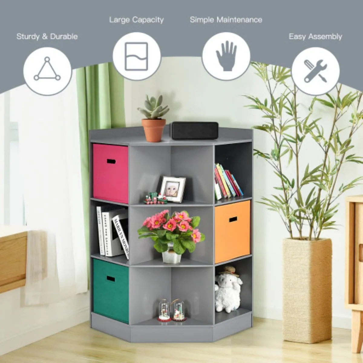 3-Tier Kids Storage Shelf Corner Cabinet with 3 Baskets