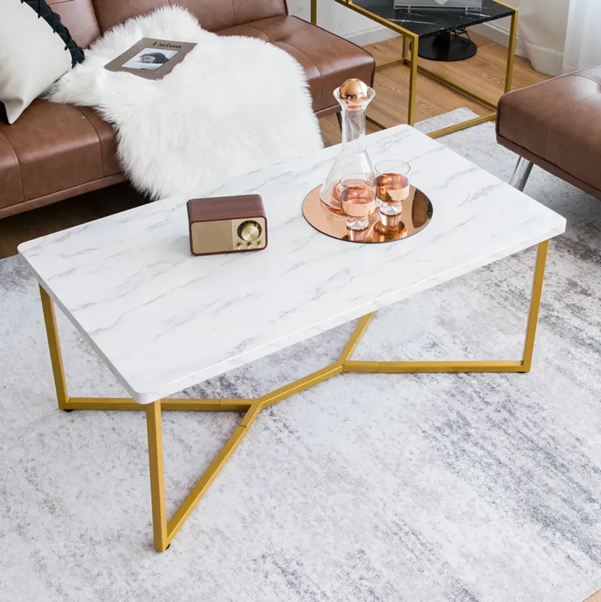 White Faux Marble Coffee Table with Gold Finished Metal Frame