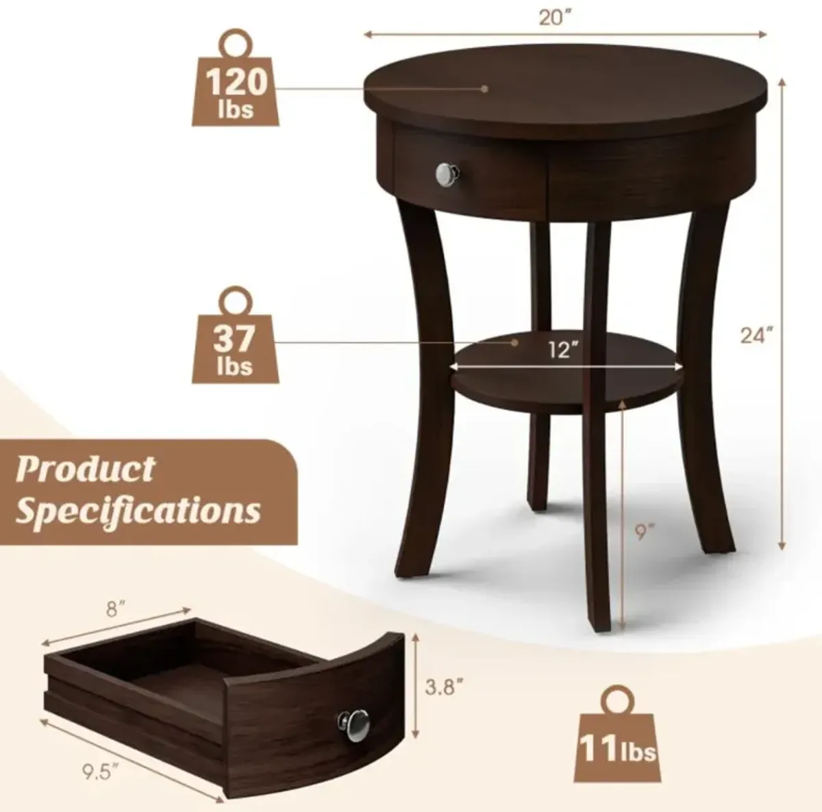 Hivvago 2-Tier Wood Round End Table with Open Drawer