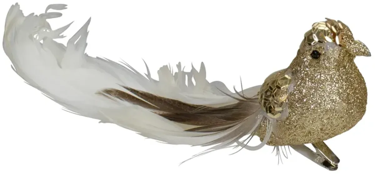 6" Gold and White Embellished Bird With Clip Christmas Ornament