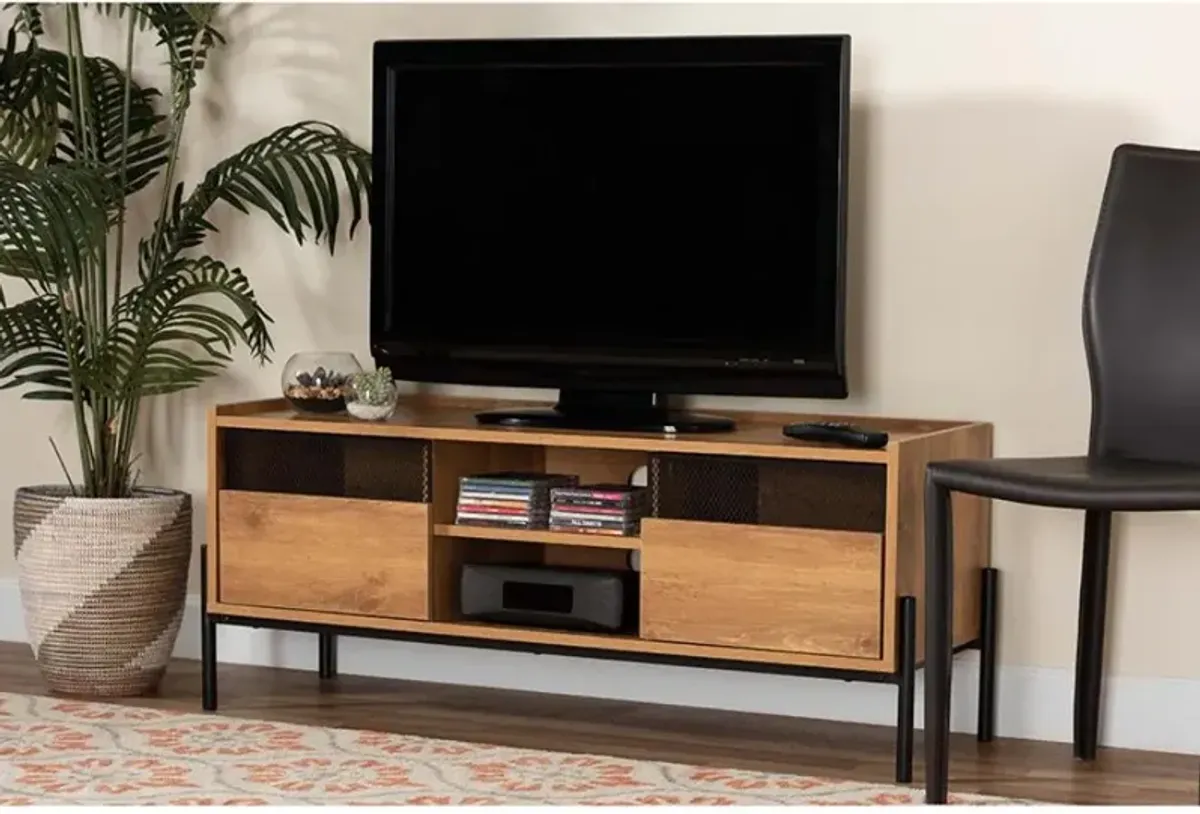 Industrial Natural Brown Finished Wood and Black Metal 2-Door TV Stand