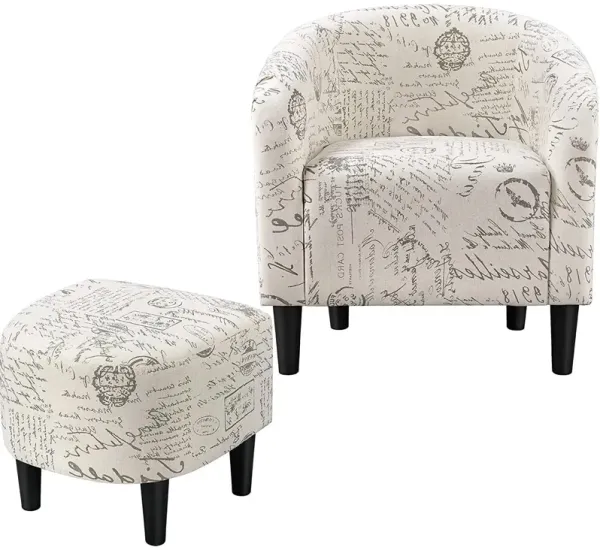 Letter Print French Upholstered Barrel Chair and Ottoman Set – Vintage Chic Accent Furniture for Living Rooms