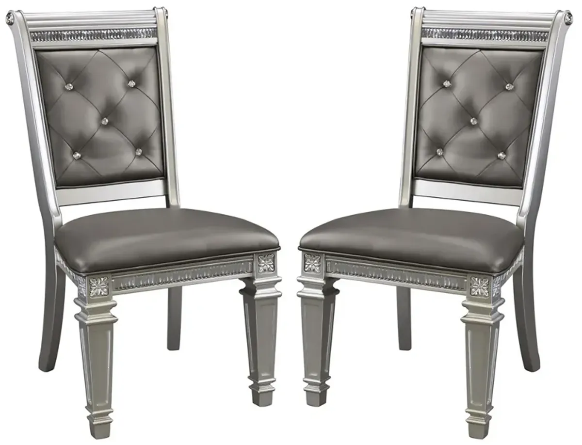 28 Inch Wood Dining Chair, Faux Leather, Acrylic Crystals, Set of 2, Silver-Benzara