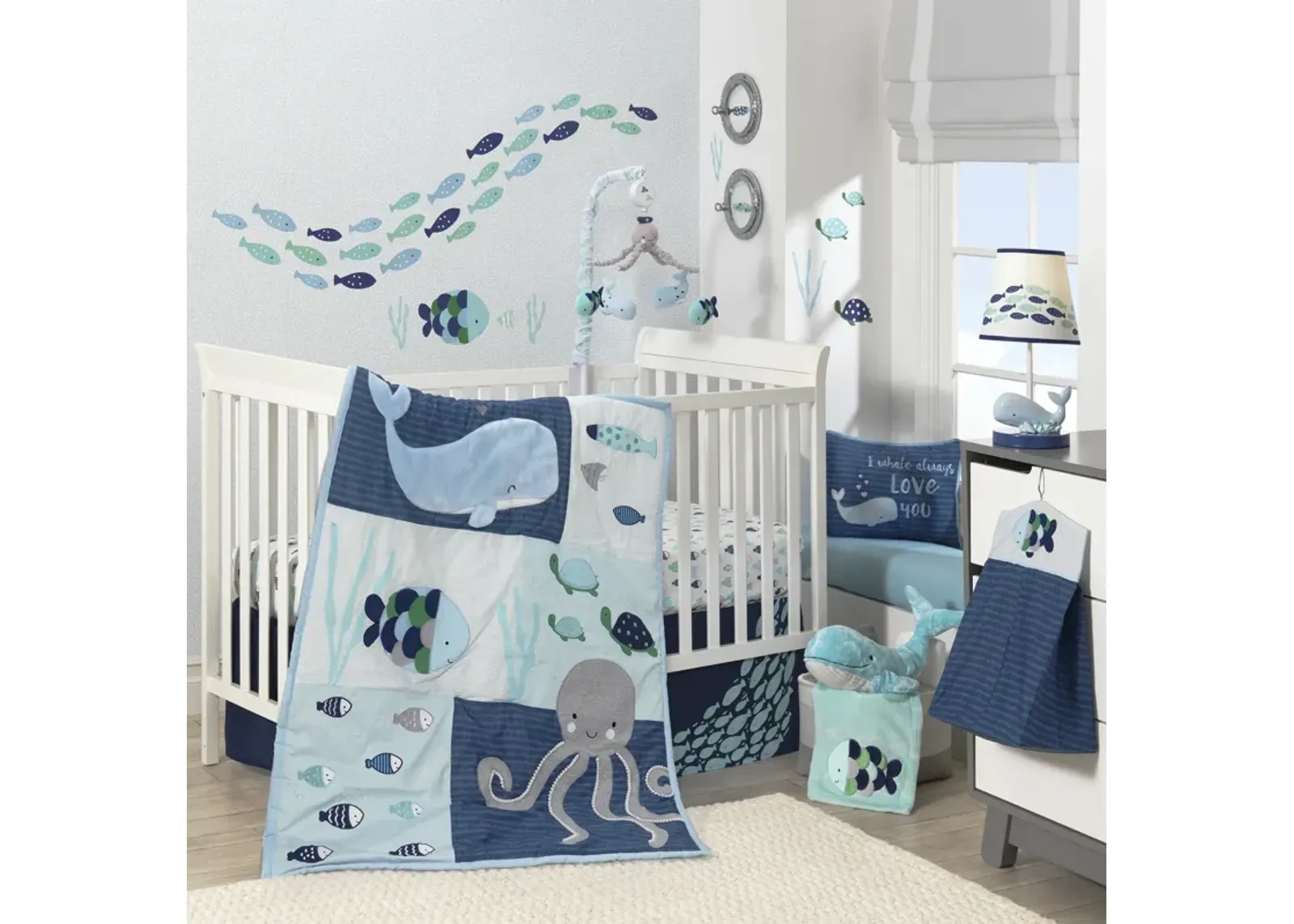 Lambs & Ivy Oceania 6-Piece Baby Crib Bedding Set - Blue Ocean, Nautical, Aquatic, Whale, Octopus Theme