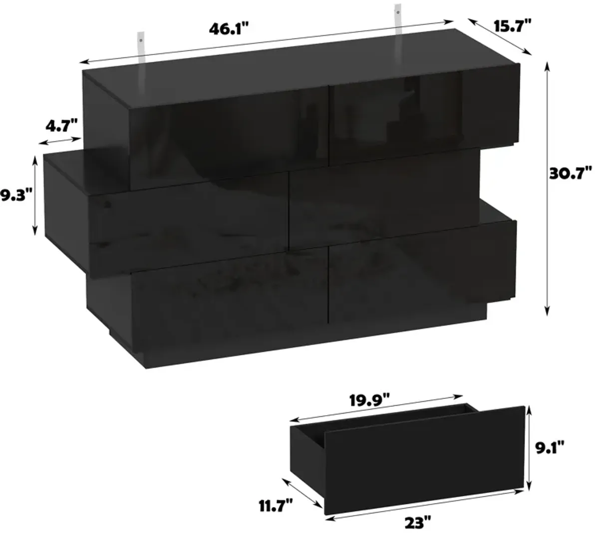 15.7 in. D x 30.7 in. H High Gloss Black Wood 6-Drawer 46.1 in. W Chest of Drawers Storage Cabinet Modern Style