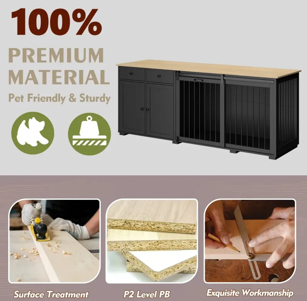 Large Dog House Furniture Dog Crate Storage Cabinet, Dog Cage with 2-Drawers and Sliding Door for Large Dogs, Black