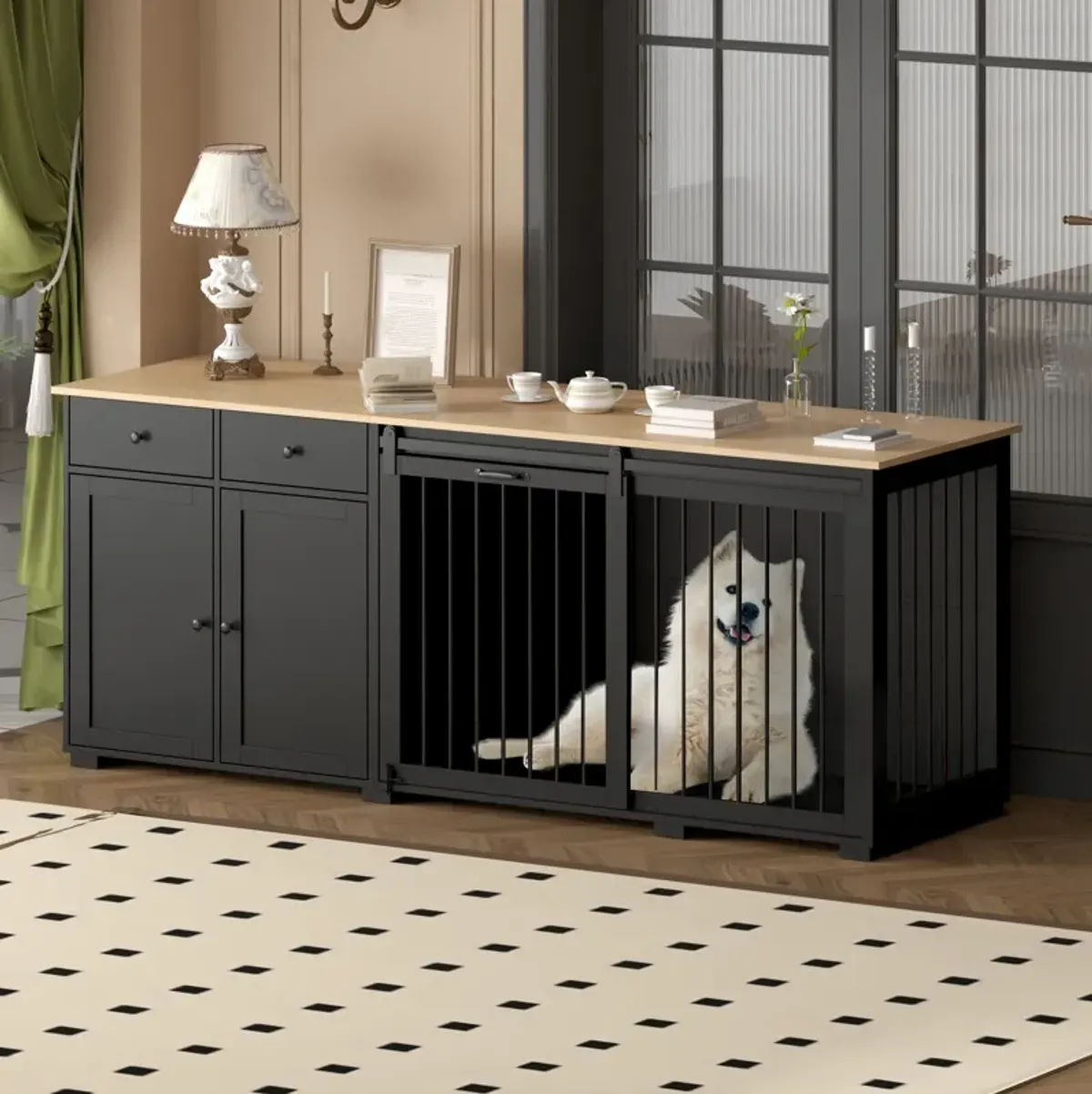 Large Dog House Furniture Dog Crate Storage Cabinet, Dog Cage with 2-Drawers and Sliding Door for Large Dogs, Black