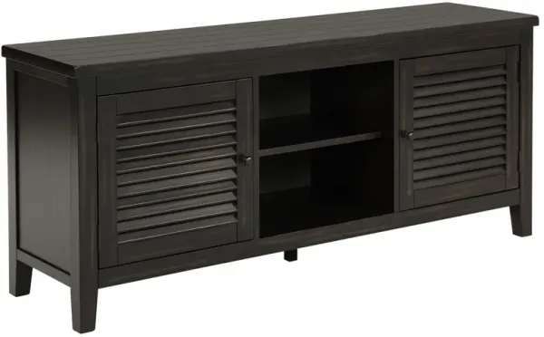 Coni TV Stand Media Cabinet, 2 Door and Shelves, Black Wood 60 Inch - Benzara