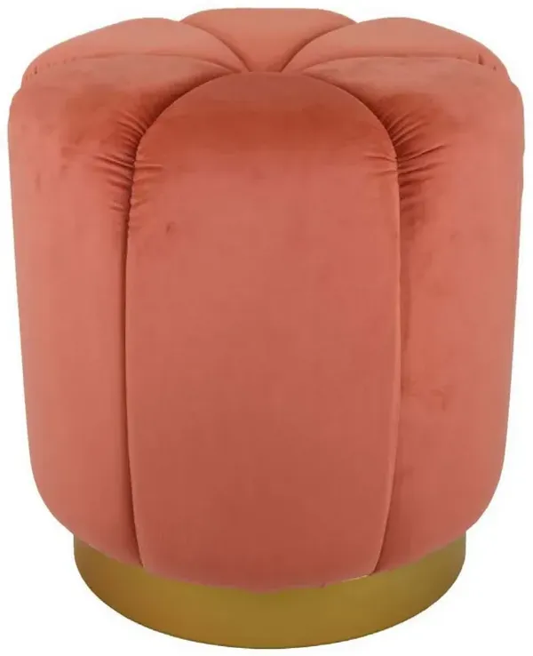 Sylvie Round Ottoman Stool, Soft Red Velvet, Gold Metal Base, 19 Inch - Benzara