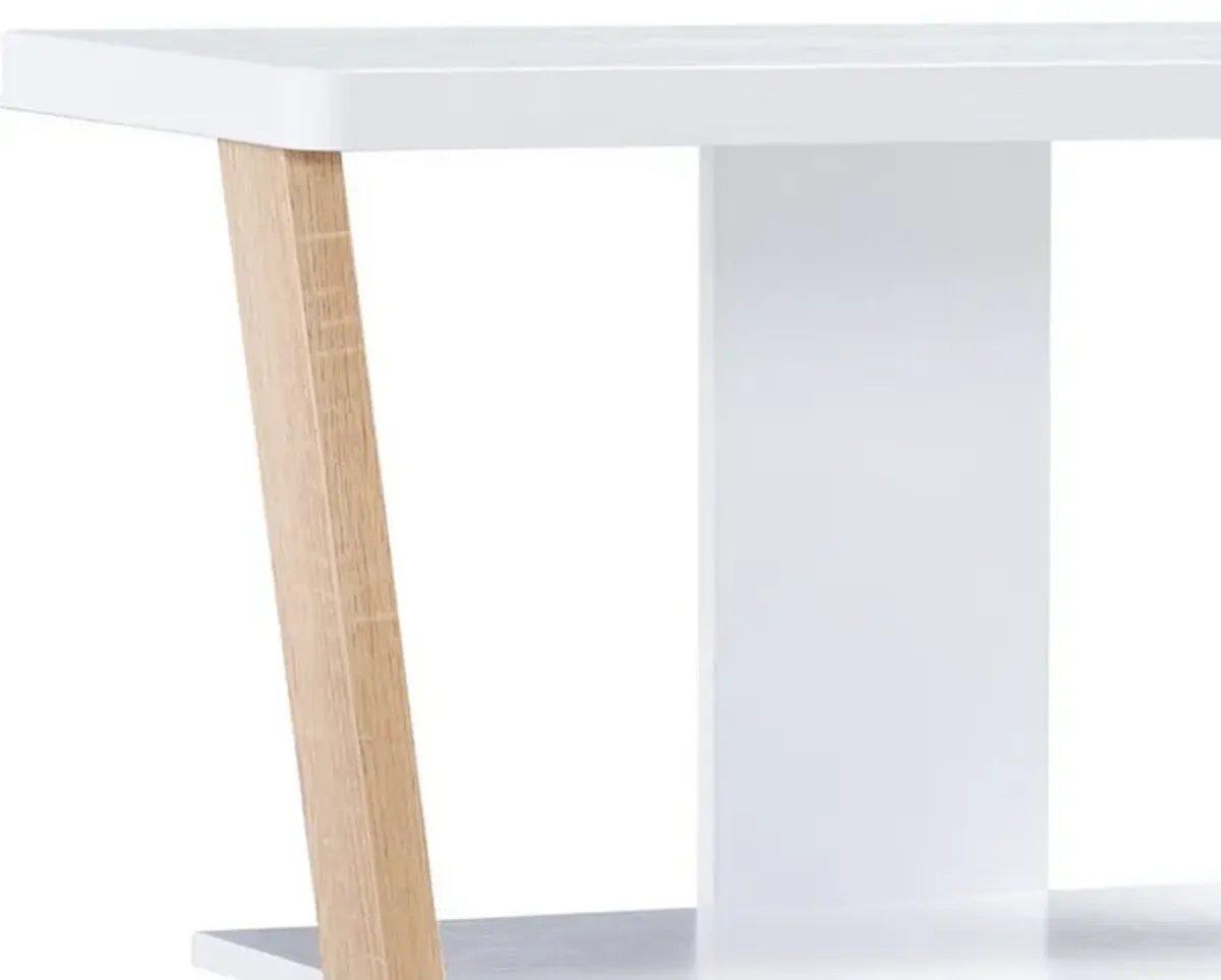 Hedy 34 Inch Modern Console Table, 3 Shelf, Slanted Legs, Two Toned, White-Benzara