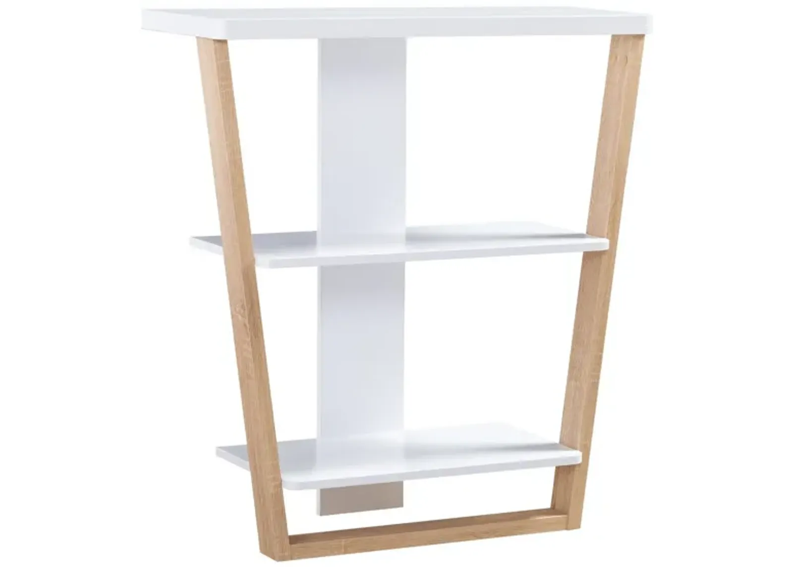 Hedy 34 Inch Modern Console Table, 3 Shelf, Slanted Legs, Two Toned, White-Benzara