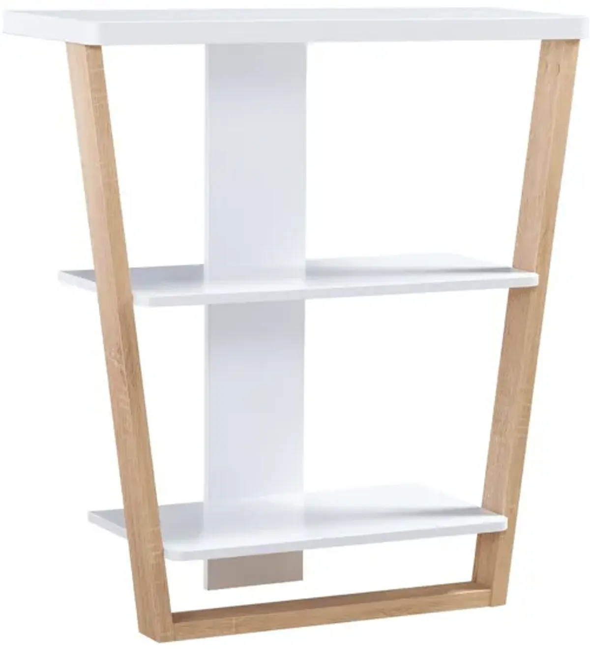 Hedy 34 Inch Modern Console Table, 3 Shelf, Slanted Legs, Two Toned, White-Benzara