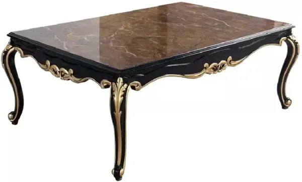 Benjara Trix 48 Inch Coffee Table, Faux Stone, Carved Scrollwork, Black and Gold