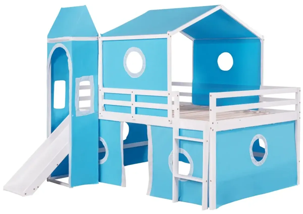 Full Size Bunk Bed with Slide Blue Tent and Tower