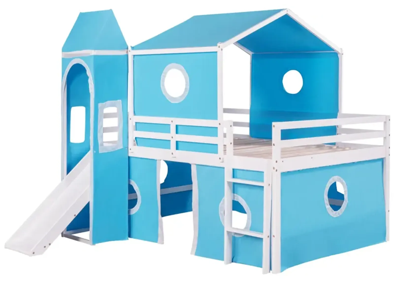 Full Size Bunk Bed with Slide Blue Tent and Tower