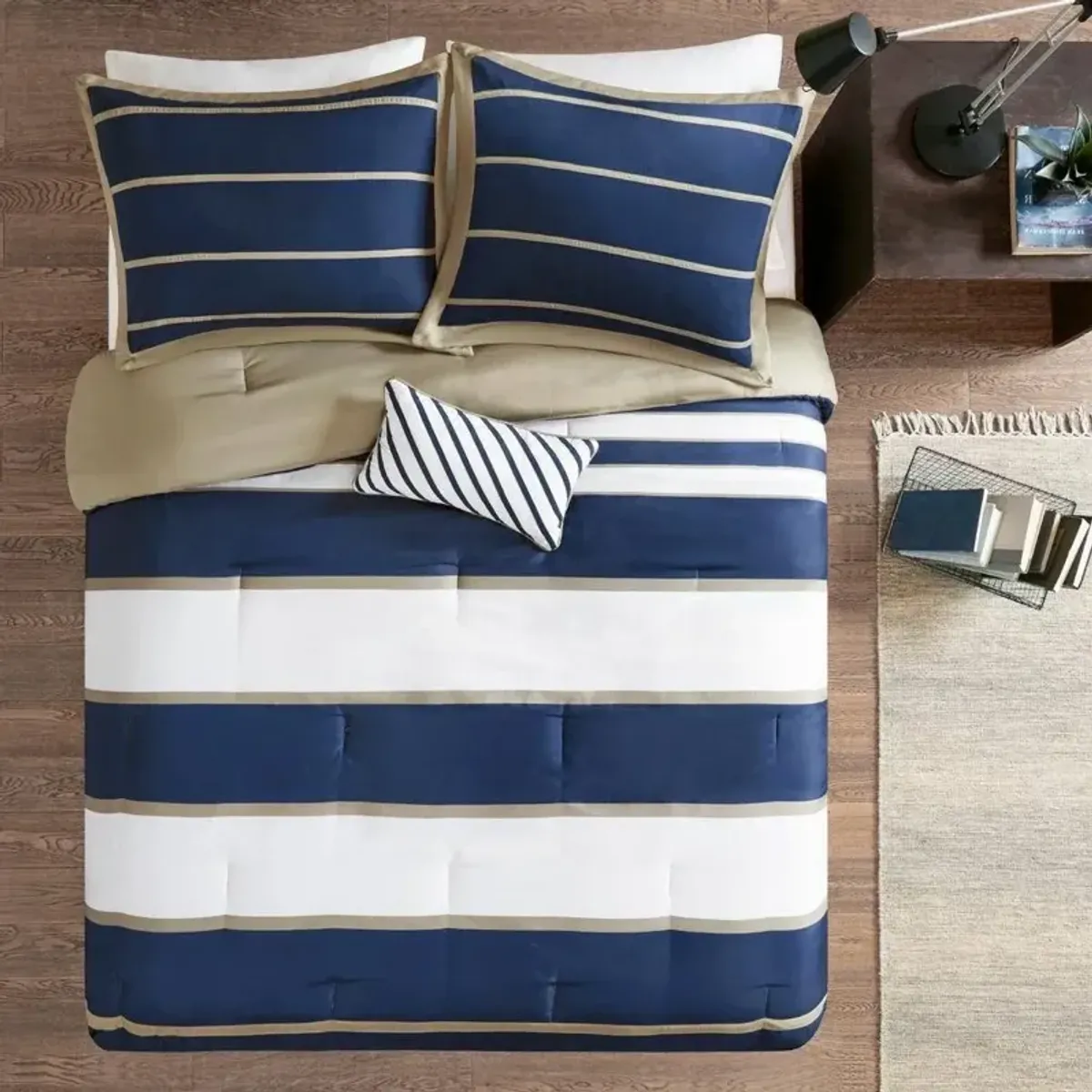 Hivvago Comforter Set in Navy Blue White Khaki Stripe