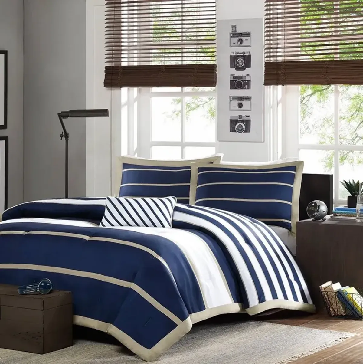 Hivvago Comforter Set in Navy Blue White Khaki Stripe