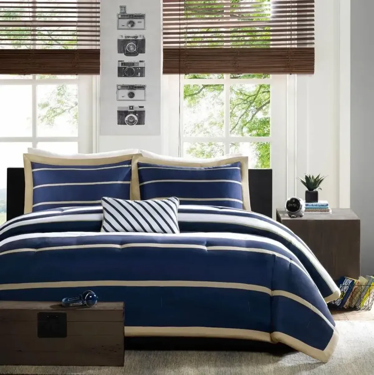 Hivvago Comforter Set in Navy Blue White Khaki Stripe