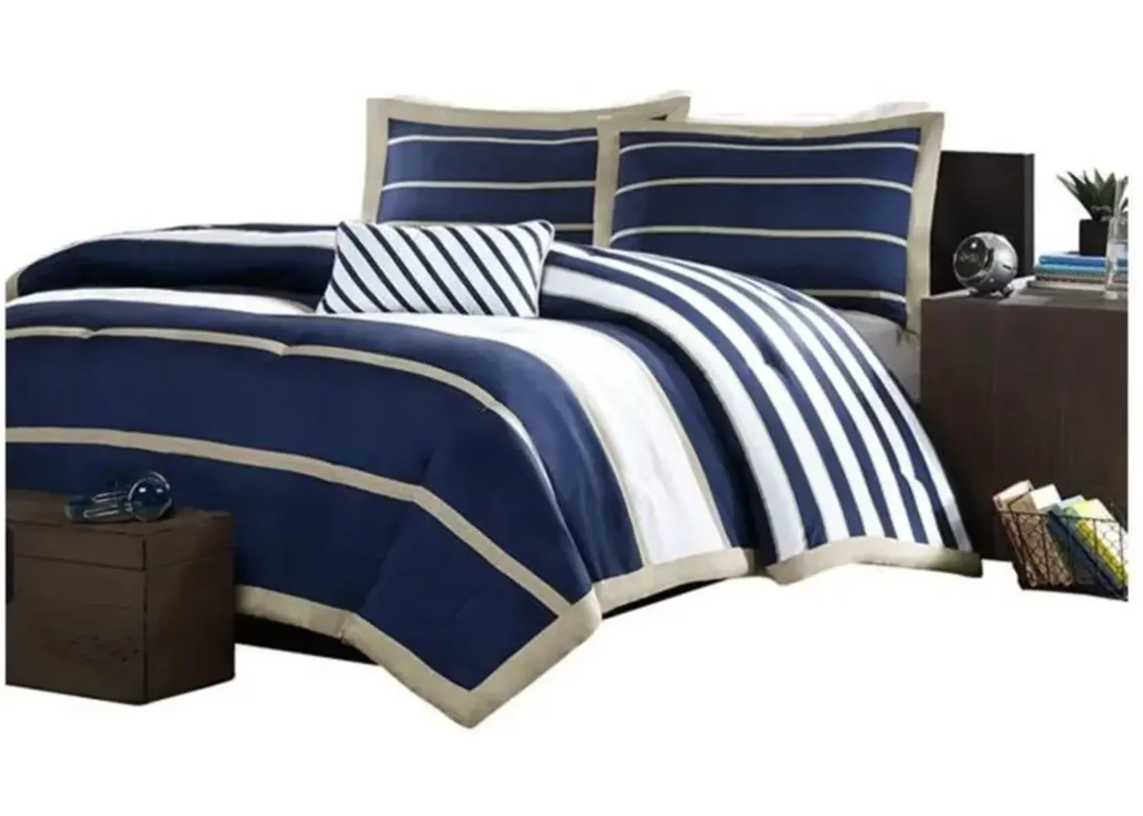 Hivvago Comforter Set in Navy Blue White Khaki Stripe