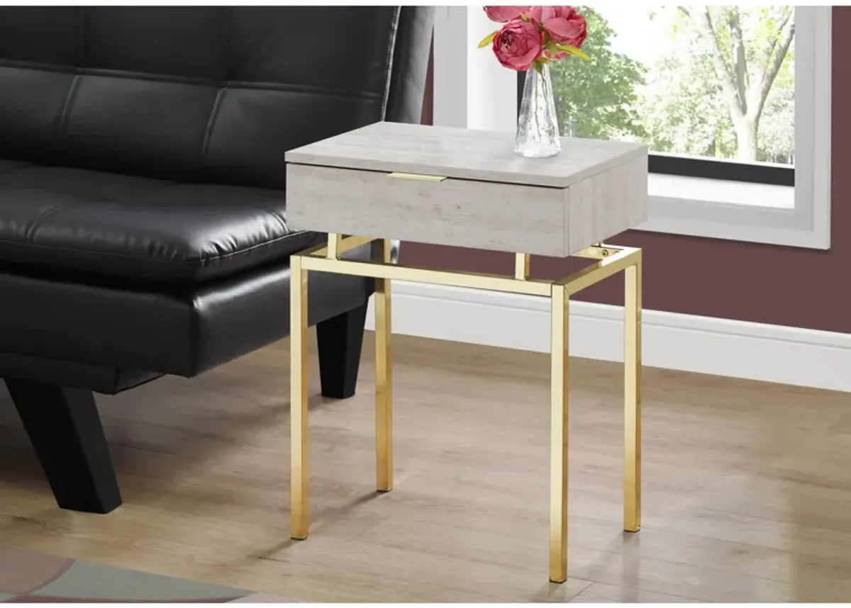 Monarch Specialties I 3463 Accent Table, Side, End, Nightstand, Lamp, Storage Drawer, Living Room, Bedroom, Metal, Laminate, Beige Marble Look, Gold, Contemporary, Modern