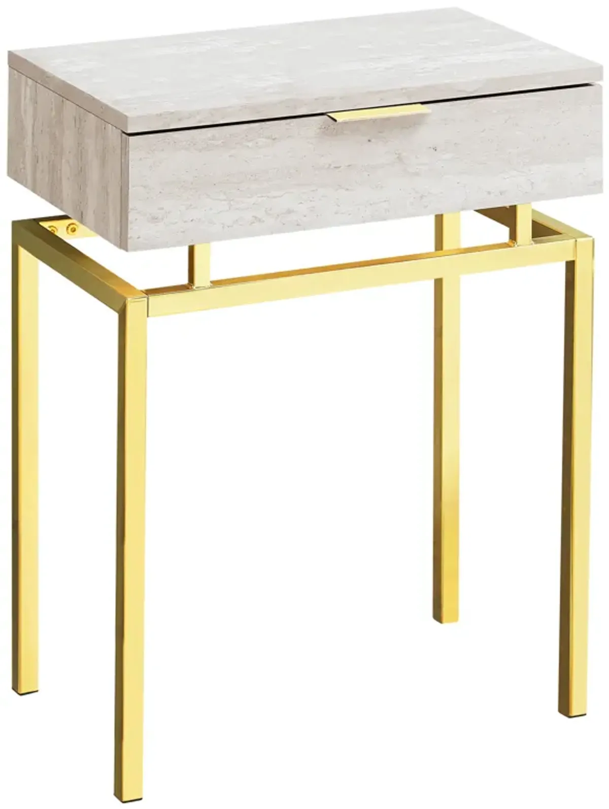 Monarch Specialties I 3463 Accent Table, Side, End, Nightstand, Lamp, Storage Drawer, Living Room, Bedroom, Metal, Laminate, Beige Marble Look, Gold, Contemporary, Modern