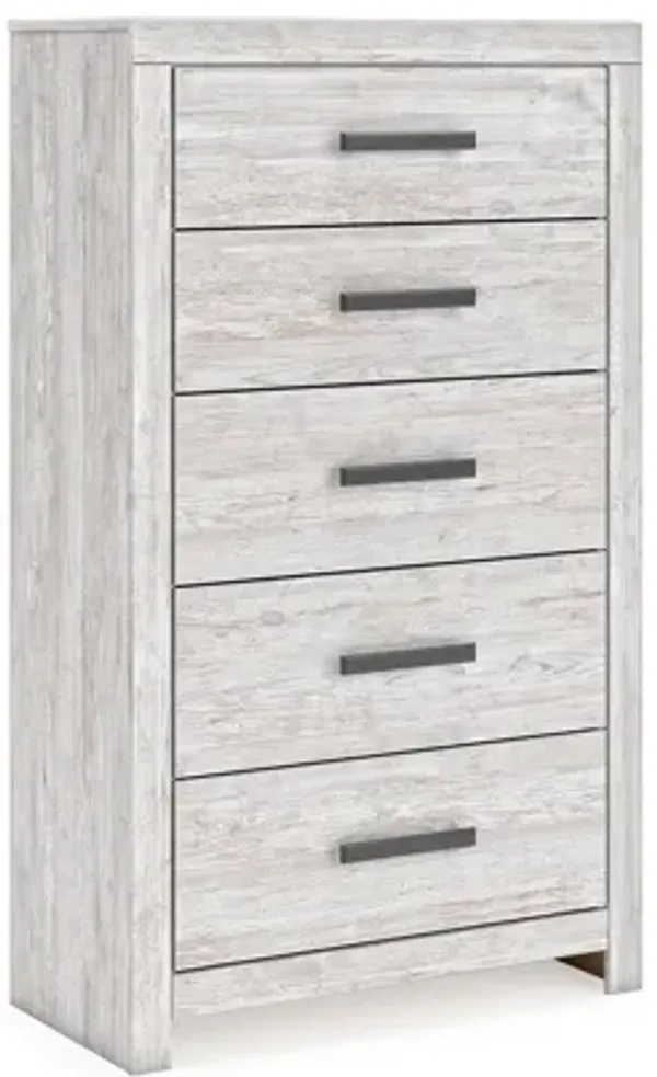 Cany Tall Dresser Chest, 5 Drawers w Black Handles, Vintage Whitewash - Benzara
