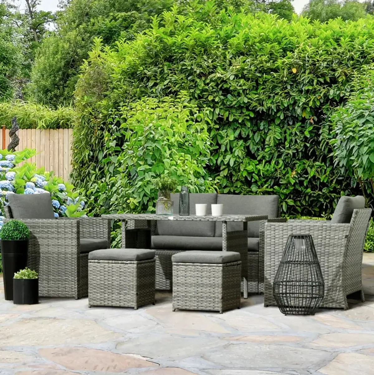 Mixed Gray Patio Set: 6-Piece PE Rattan Dining Set with Loveseat