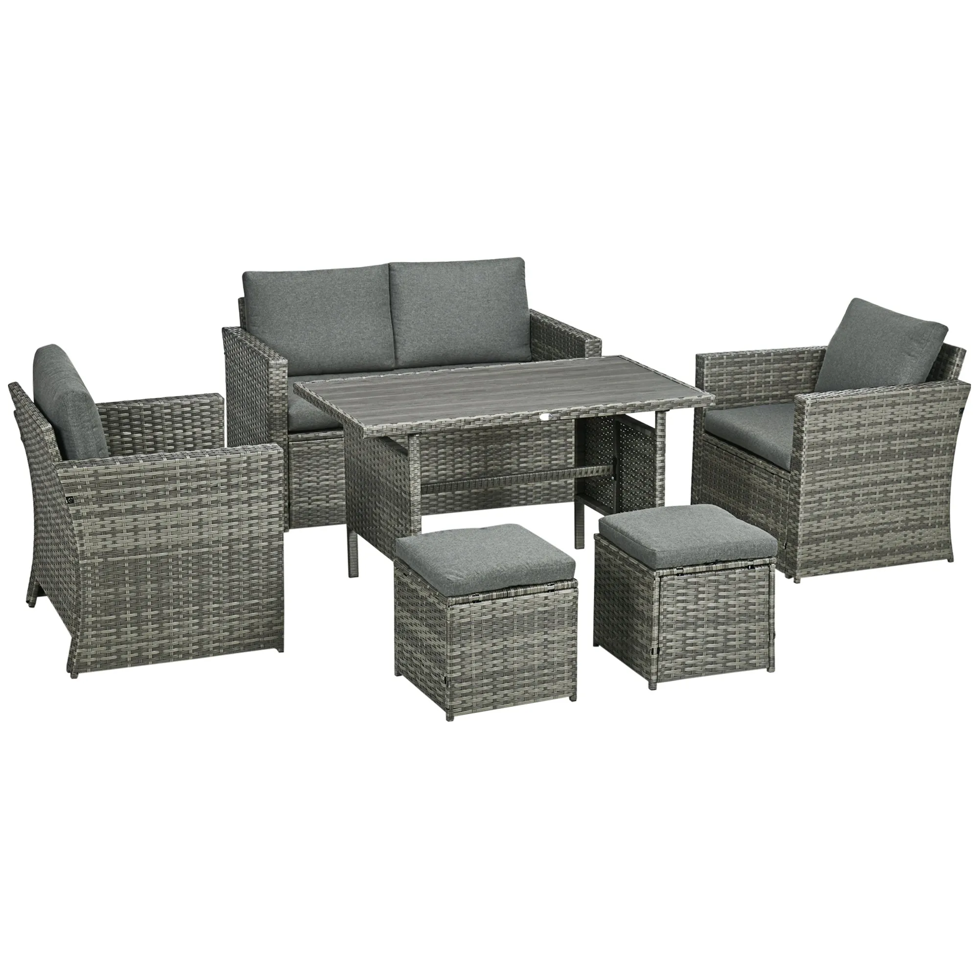 Mixed Gray PE Rattan Patio Dining Set, 6 Pieces with Loveseat Sofa