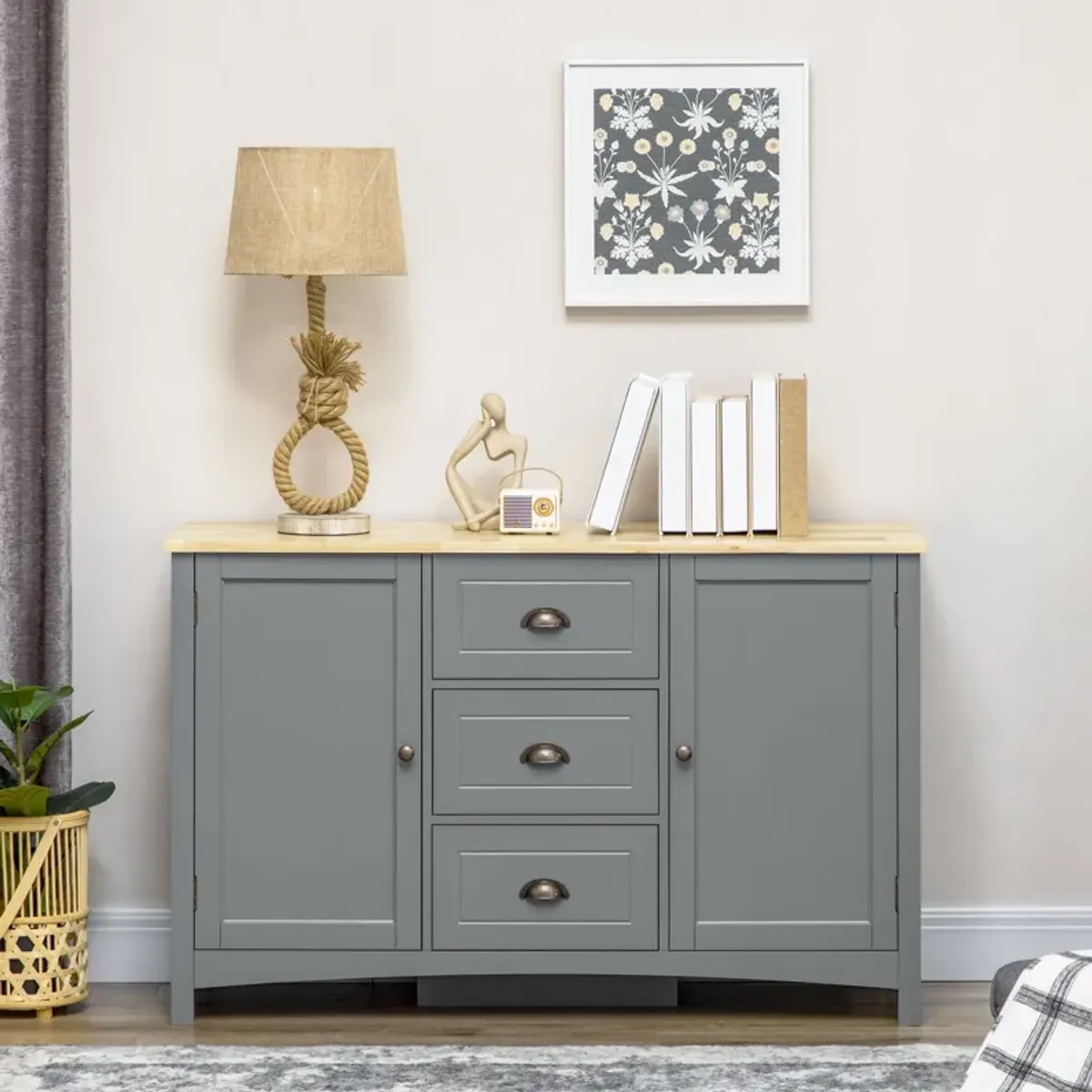 Grey Entryway Buffet: Cabinet with Drawers, Shelves & Rubber Wood Top