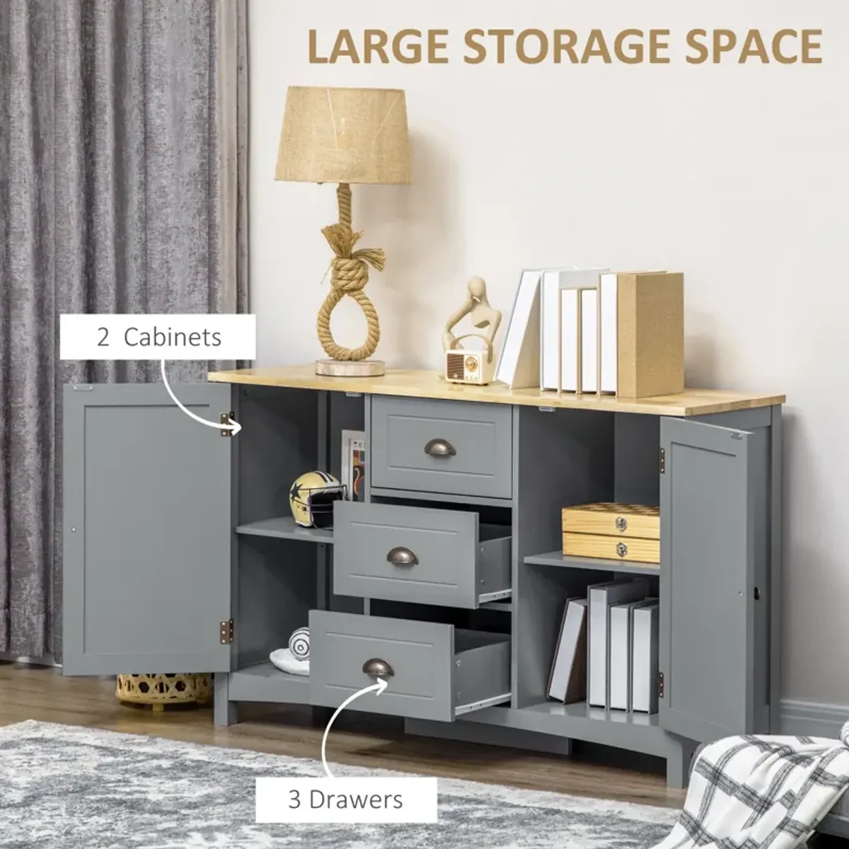 Grey Entryway Buffet: Cabinet with Drawers, Shelves & Rubber Wood Top