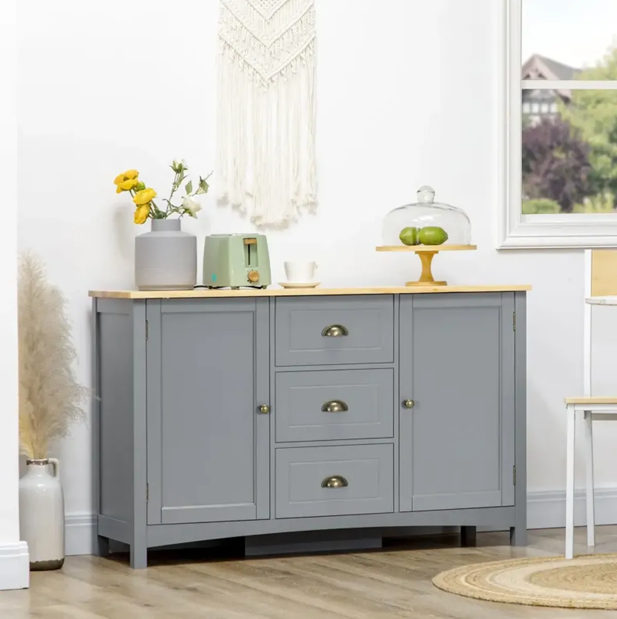 Grey Entryway Buffet: Cabinet with Drawers, Shelves & Rubber Wood Top