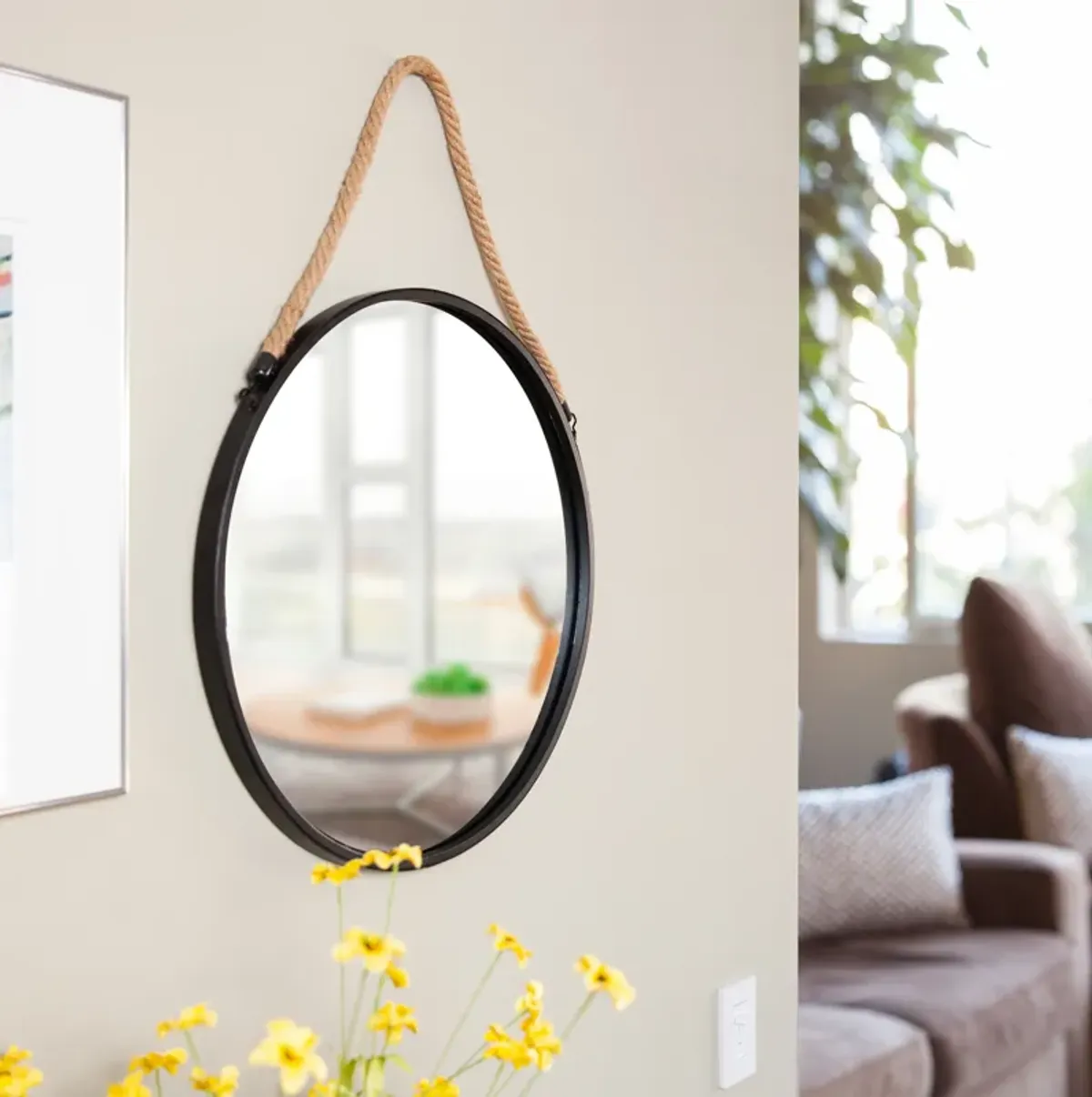 Framed 20" Decorative Round Black Metal Circle Wall Mirror with Hanging Rope