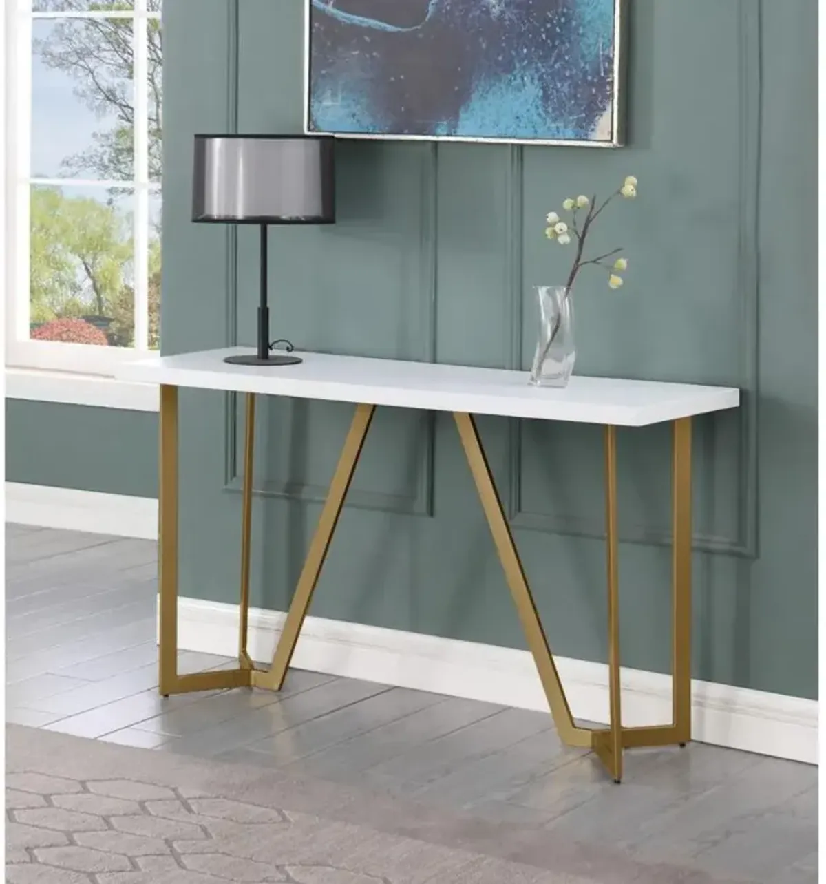 White wood top console table w/ gold color iron legs