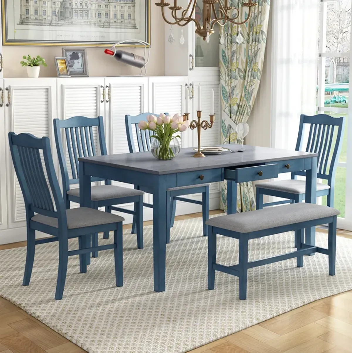 Mid-Century 6-Piece Wood Dining Table Set, Kitchen Table Set With Drawer, Upholstered Chairs