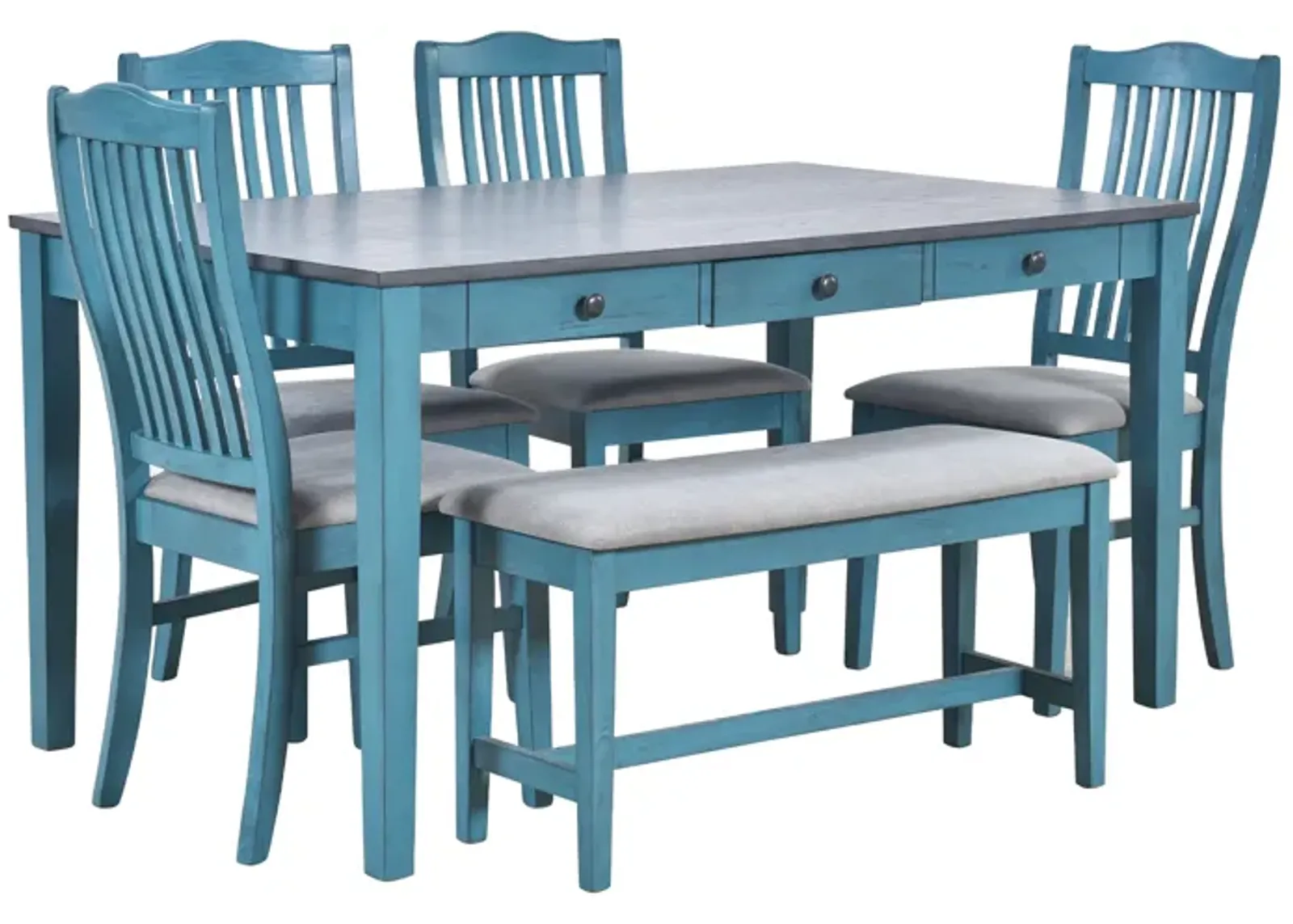 Mid-Century 6-Piece Wood Dining Table Set, Kitchen Table Set With Drawer, Upholstered Chairs