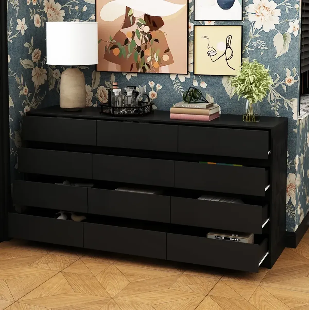 Black Dresser for Bedroom with 12 Drawers, Modern Chest of Drawers, Wood Dressers Bedroom Furniture Wide Storage Drawers Dressers Organizer for Closet, Living Room, Hallway